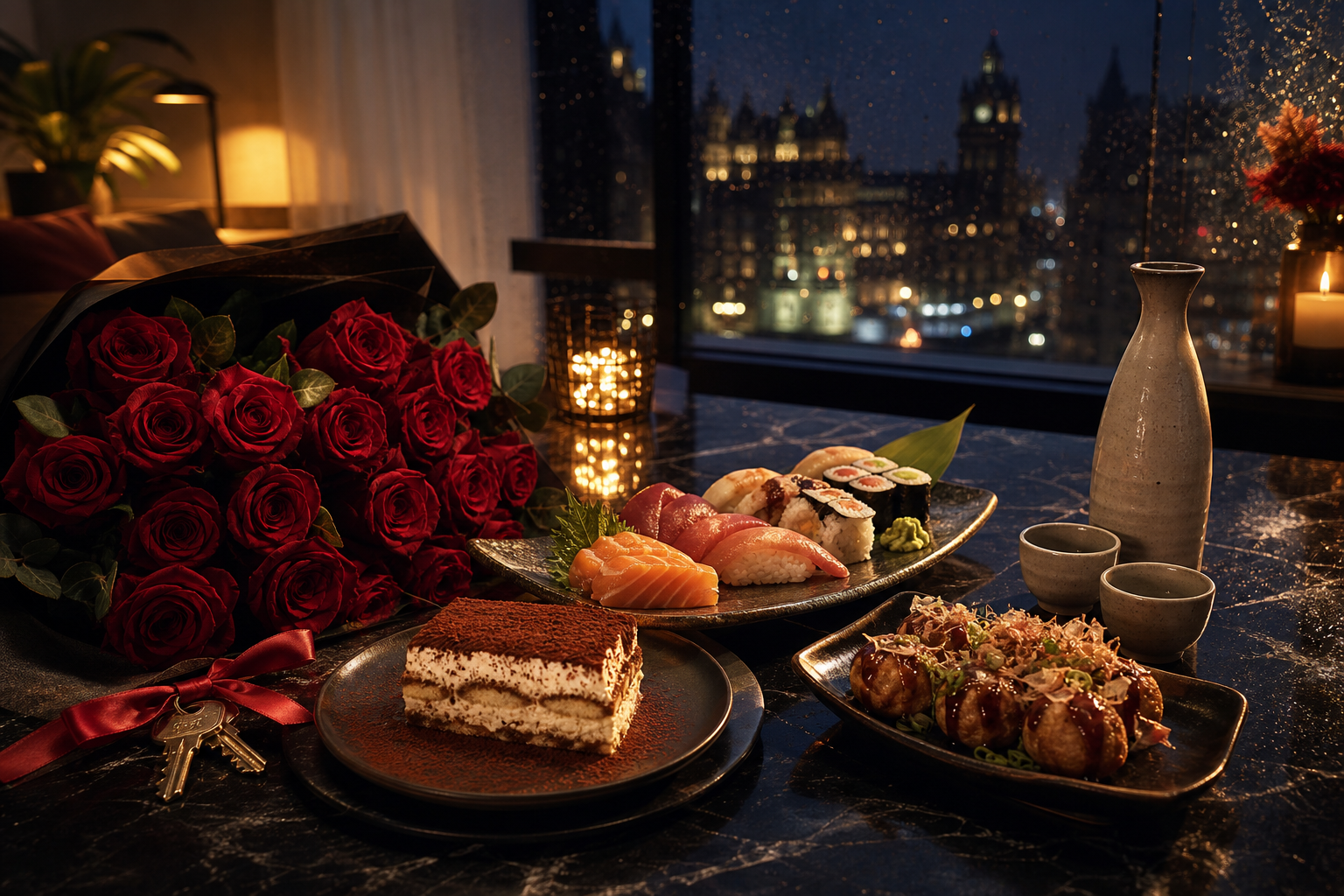A warm Glasgow flat at night with roses, flat keys, sushi, takoyaki, sake, and tiramisu arranged as a surprise.